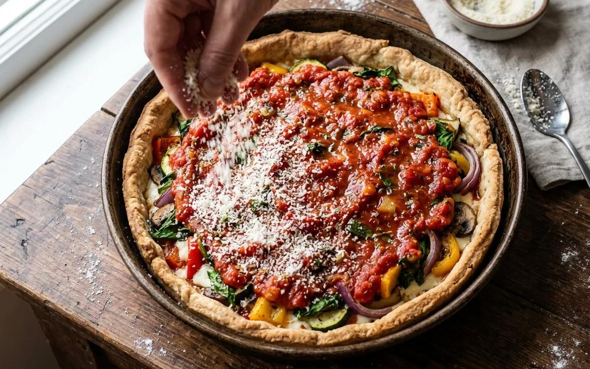 Step 8: Sprinkle the parmesan cheese over the top of the tomato sauc