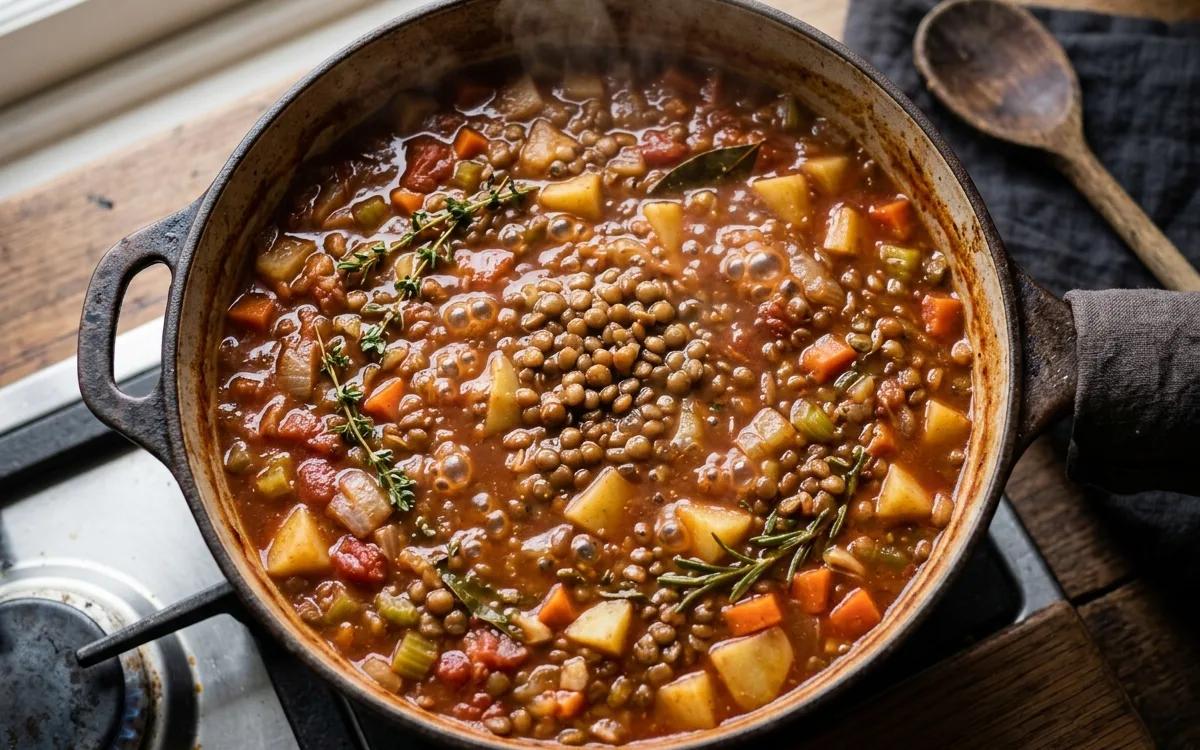 Step 5: Simmer the mixture for 10 minutes to soften the lentils slig
