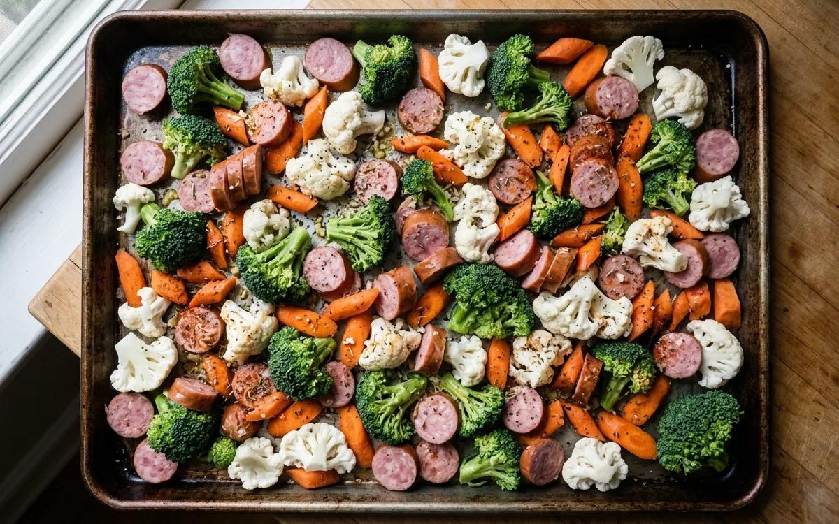 Step 2: Place the sliced kielbasa, broccoli, cauliflower, and carrot