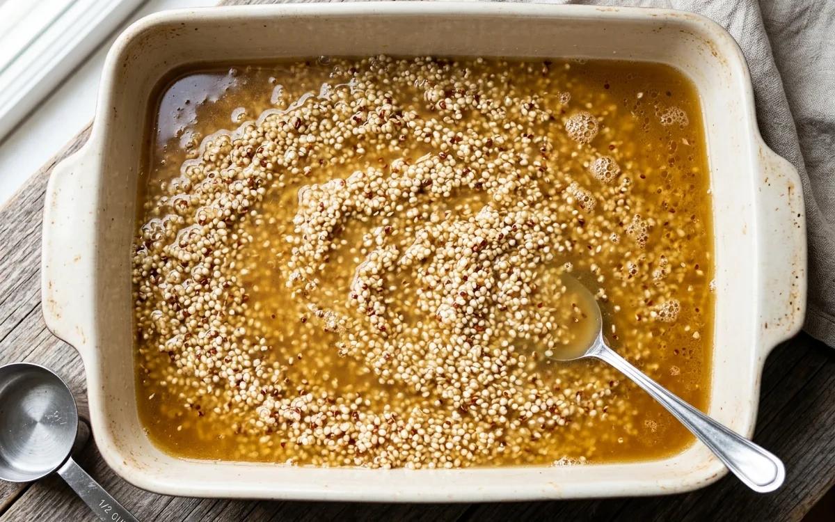 Step 2: In a 9x13 inch baking dish, combine the rinsed quinoa and ve