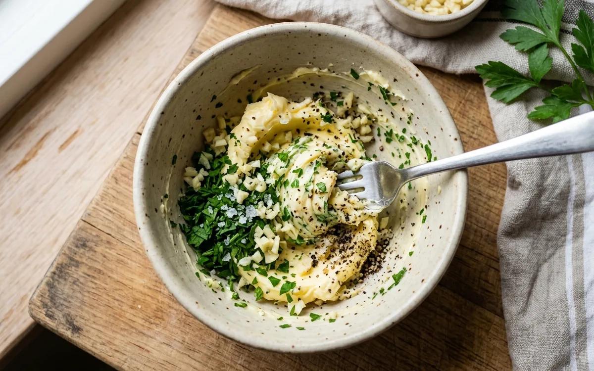 Step 2: Mix the softened butter with minced garlic, parsley, salt, a