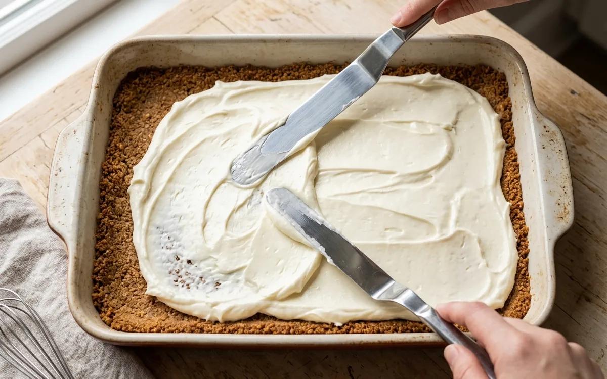 Step 6: Spread the cream cheese mixture evenly over the cooled crust