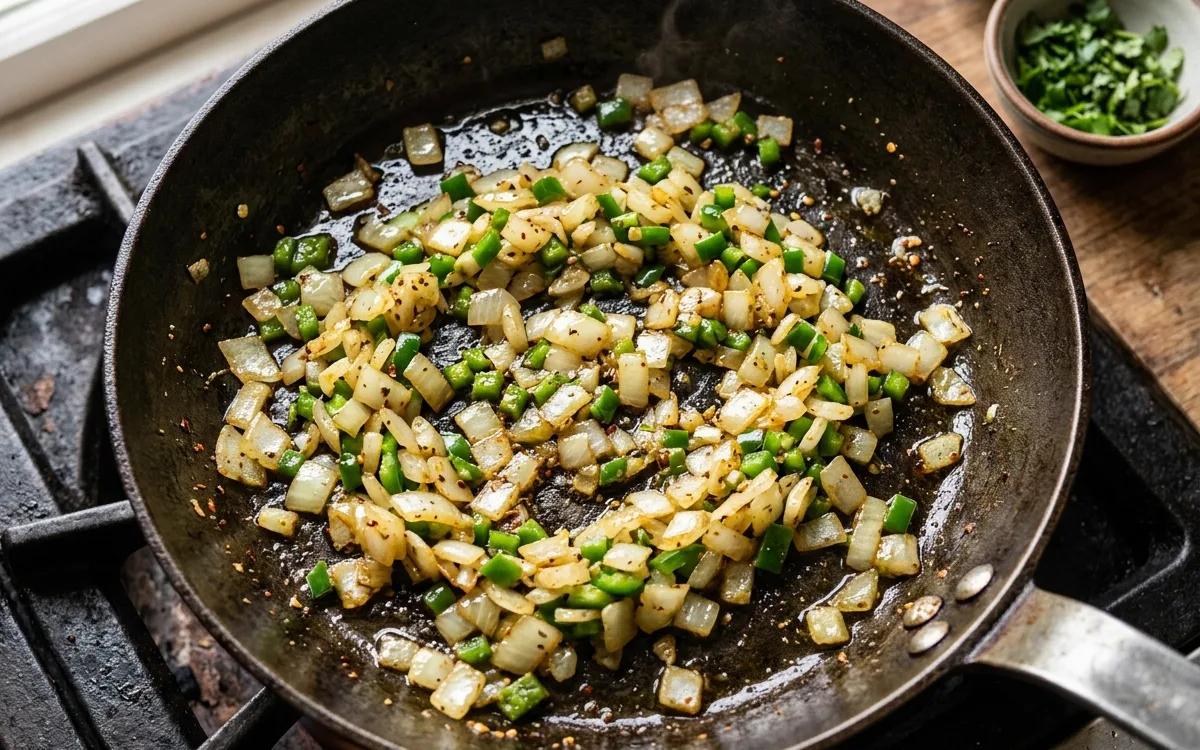 Step 2: Add the diced onion and jalapeño to the pan and cook for 5 m