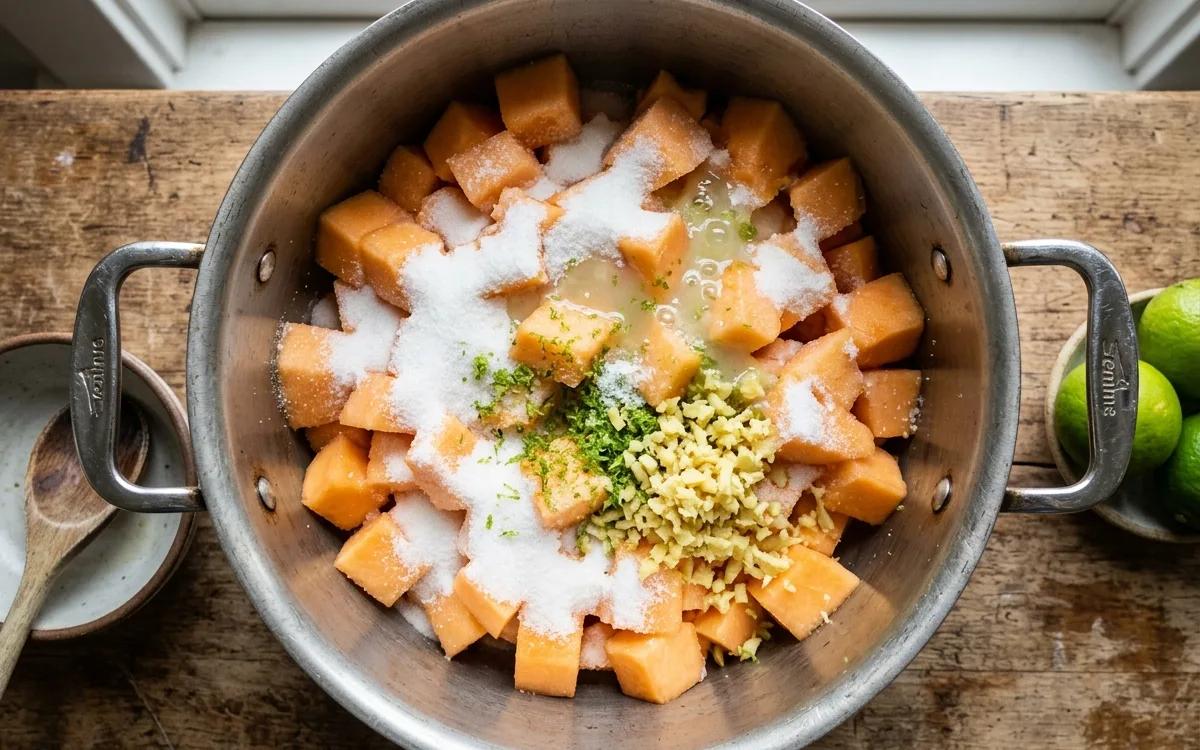 Step 1: Combine the diced cantaloupe, sugar, lime juice, ginger, and