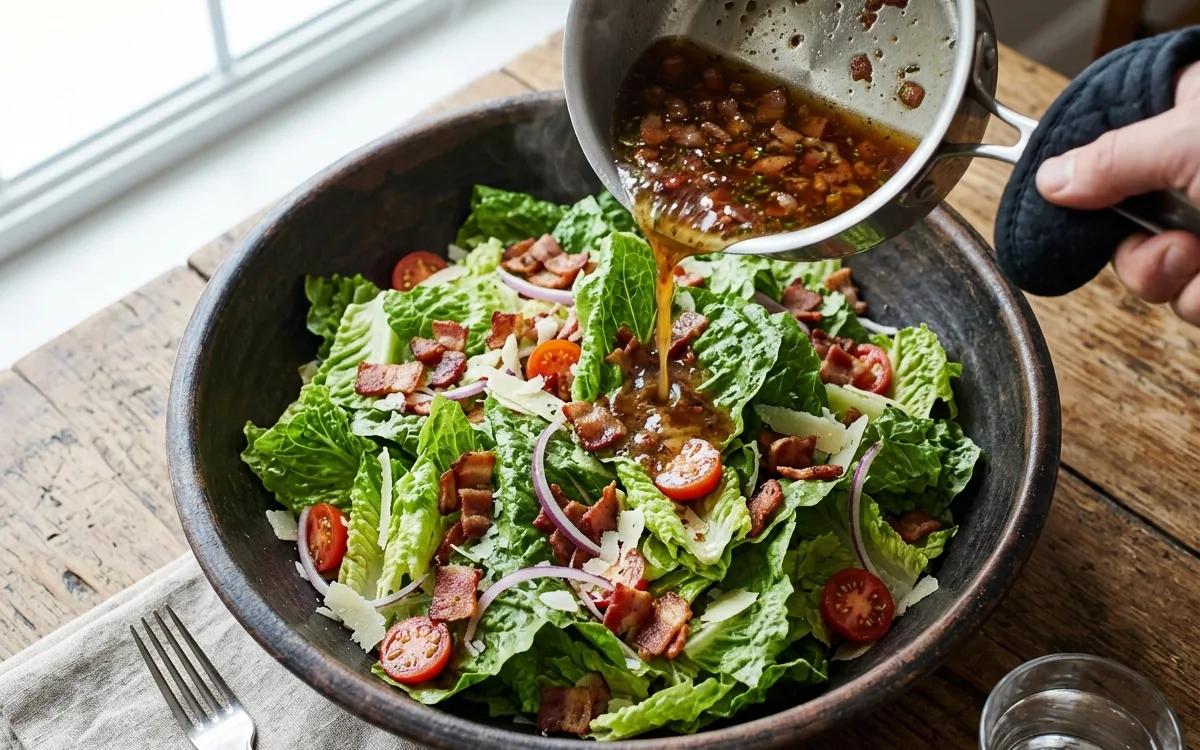 Step 7: Pour the warm dressing over the greens and toss quickly to c
