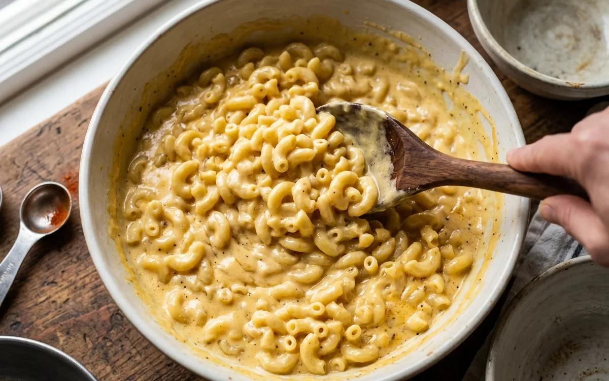 Step 9: Fold the cooked pasta into the cheese sauce until evenly coa