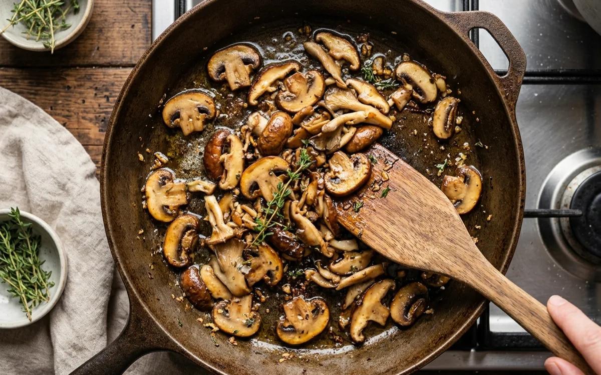 Step 3: Stir the mushrooms and continue cooking until golden brown a