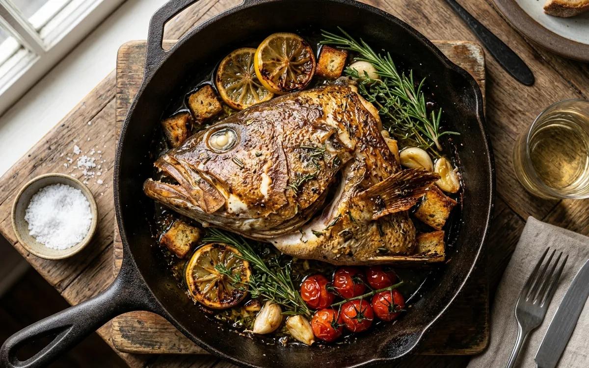 A roasted grouper head in a cast iron skillet with lemon slices and rosemary.