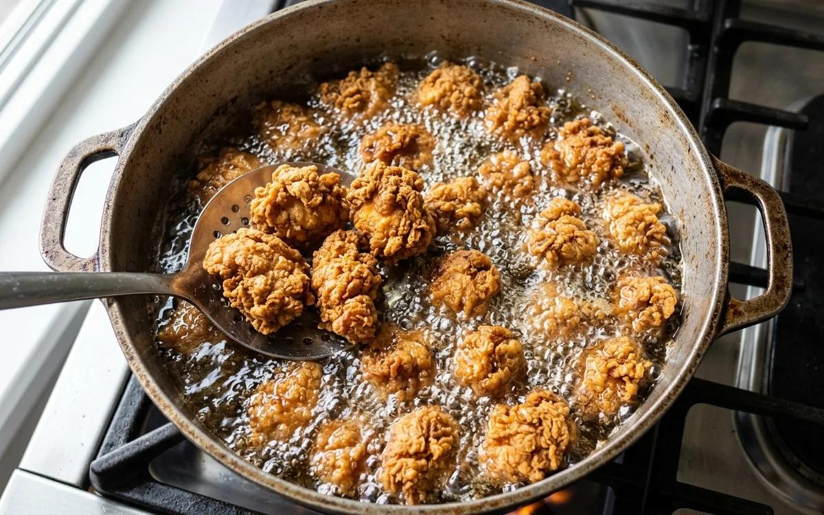 Step 9: Fry for 4 to 5 minutes until the chicken bits are deep golde