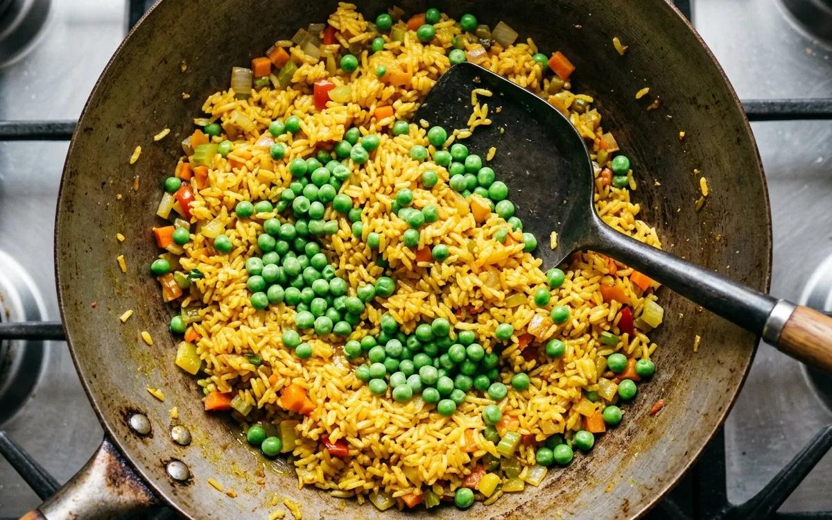 Step 6: Fold in the frozen peas and cook until they are heated throu