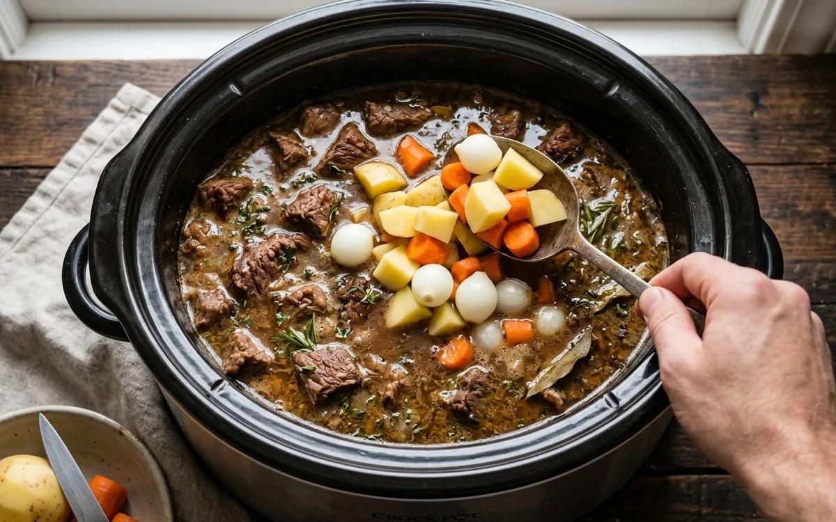 Step 4: Add the potatoes, carrots, and pearl onions to the slow cook