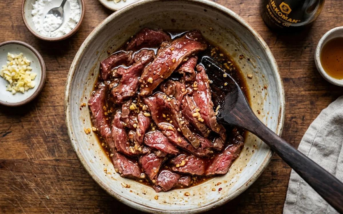 Step 2: Add the sliced beef to the bowl, toss to coat, and let it si