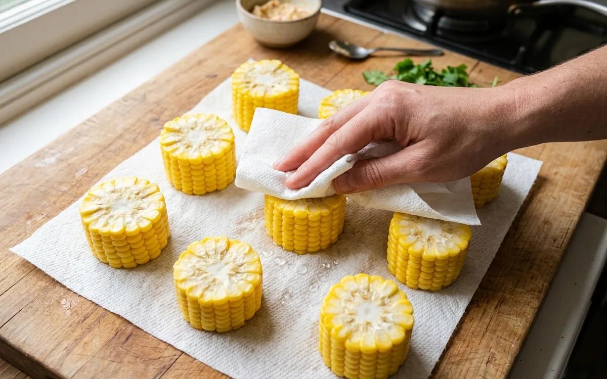 Step 2: Pat the corn rounds thoroughly dry with paper towels.