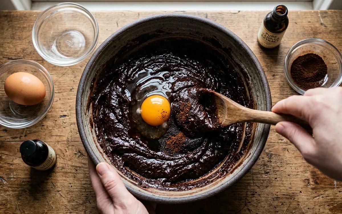 Step 3: Mix in the egg, vanilla extract, and espresso powder until f