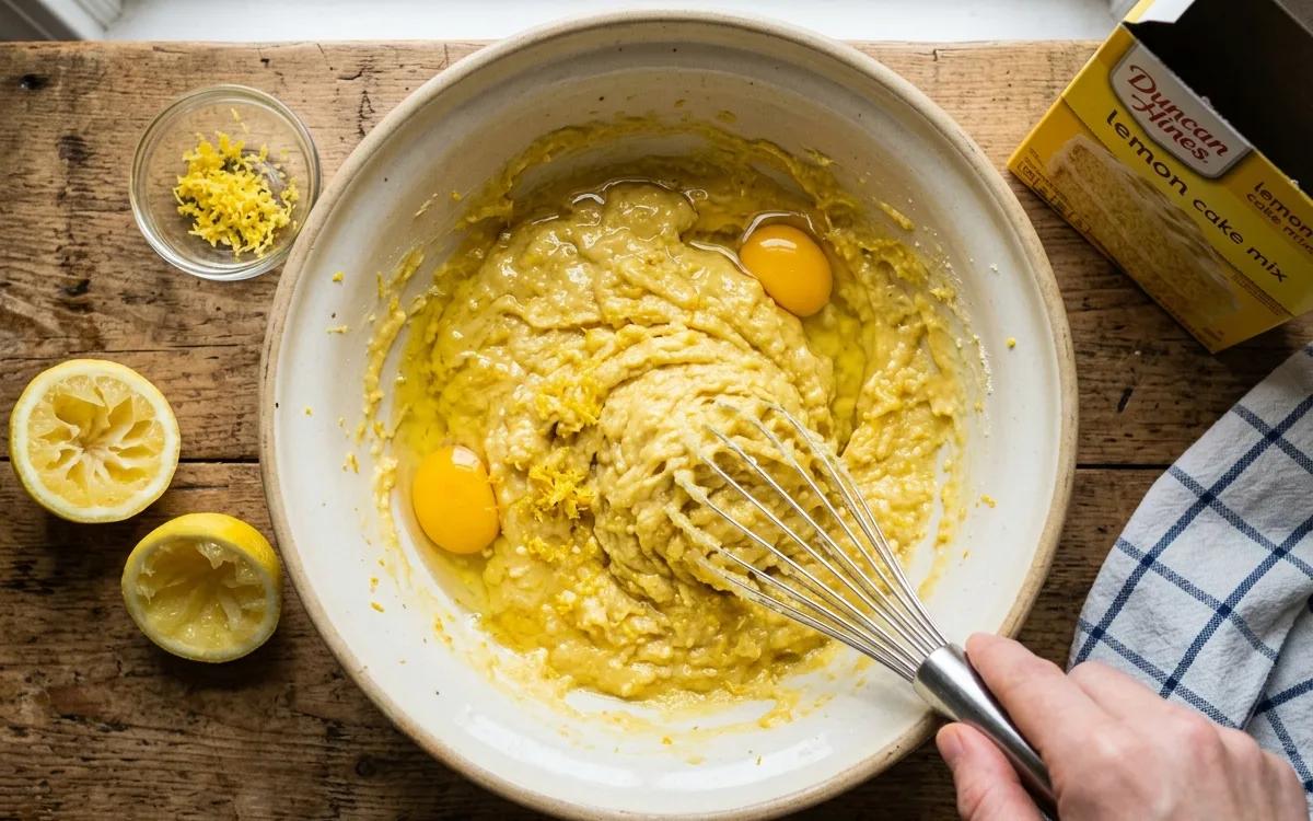 Step 1: Whisk together the cake mix, eggs, oil, and lemon zest in a