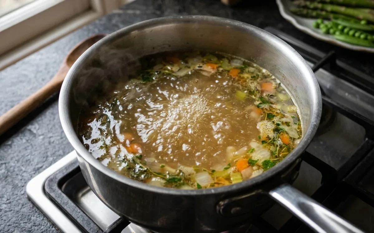 Step 1: Bring the vegetable stock to a gentle simmer in a medium sau