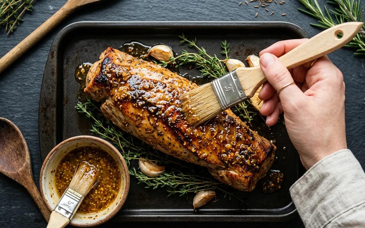 Step 6: Brush the mustard glaze generously over the seared pork.