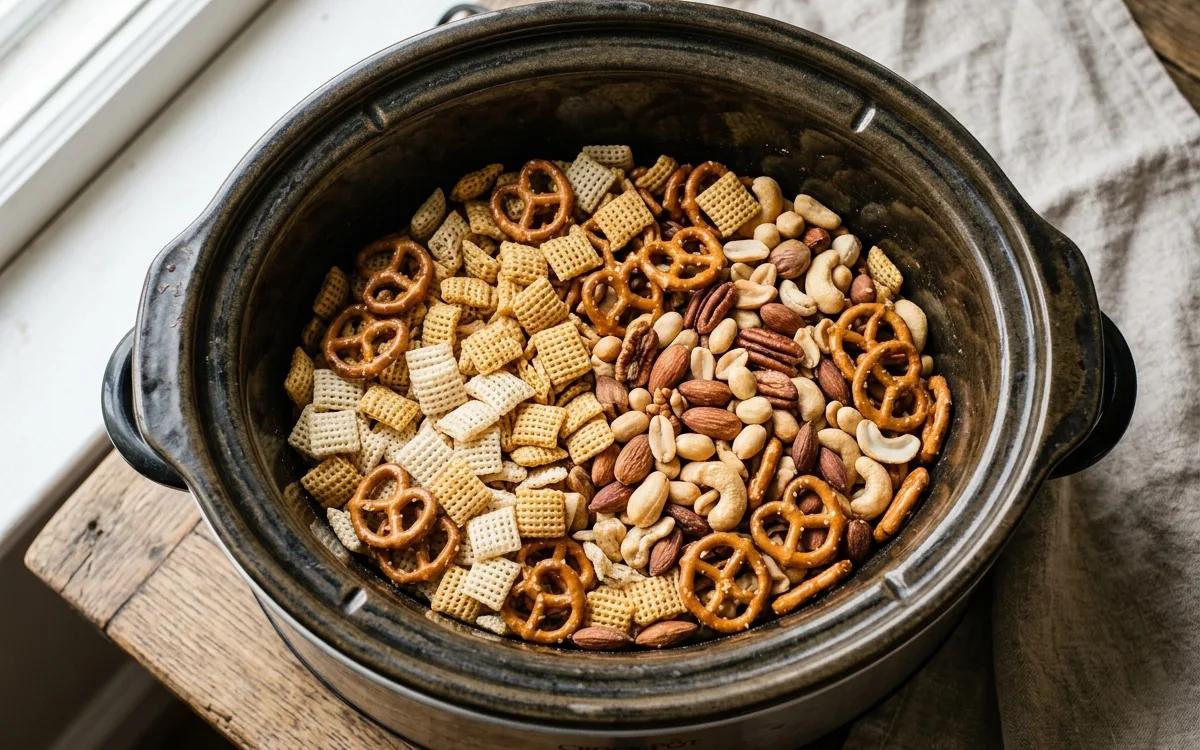 Step 1: Combine the Chex cereal, pretzels, and mixed nuts in a large