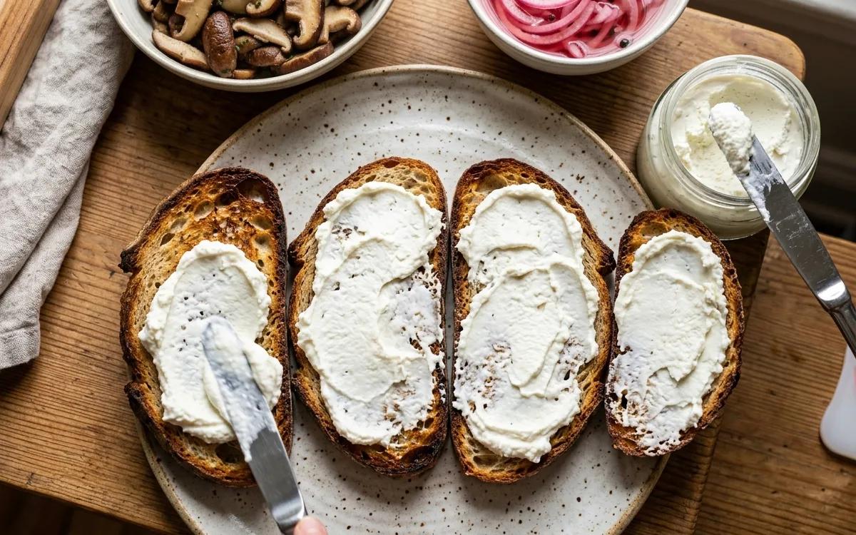 Step 6: Spread a generous layer of goat cheese over each slice of to