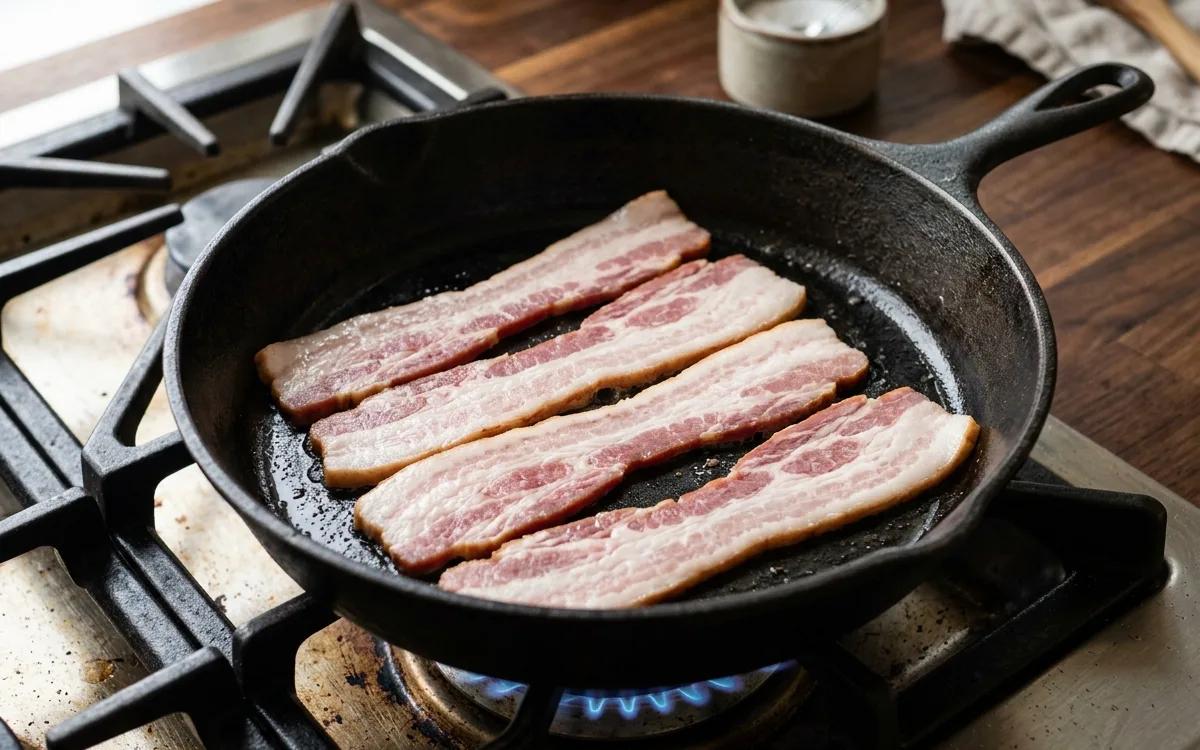Step 1: Place bacon in a cold skillet and turn heat to medium.