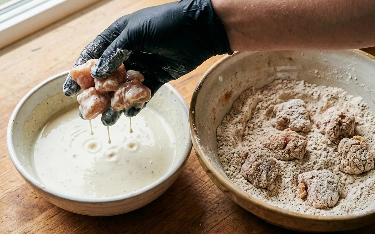 Step 6: Remove a handful of chicken from the buttermilk, letting the