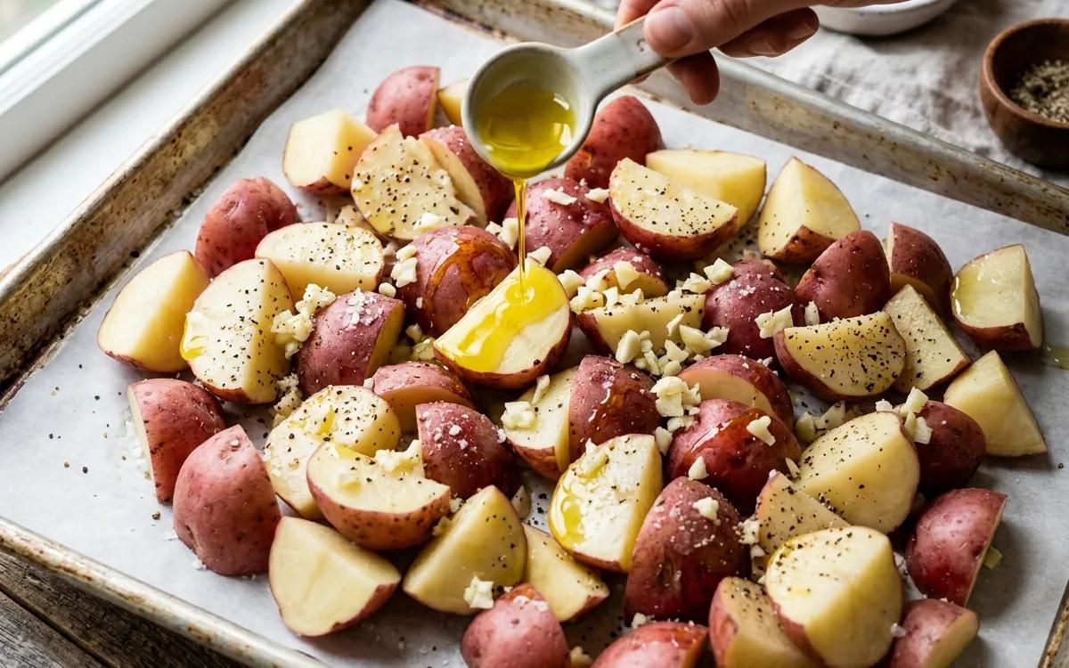 Step 3: Drizzle the potatoes with two tablespoons of olive oil and h