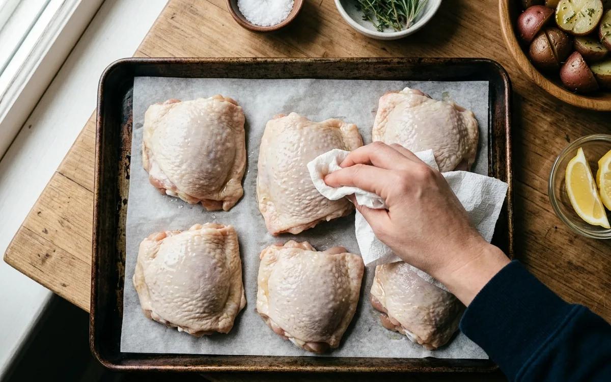 Step 5: Pat the chicken thighs dry with paper towels to ensure the s