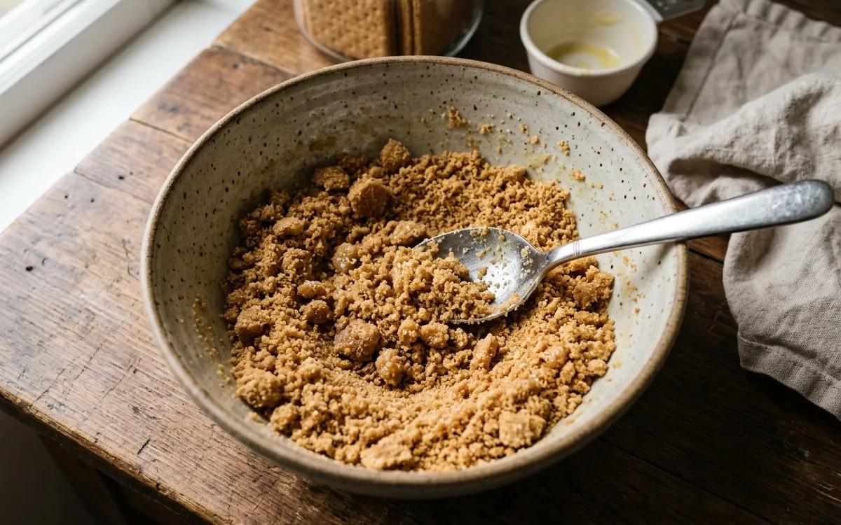 Step 2: Mix the graham cracker crumbs and melted butter in a bowl un
