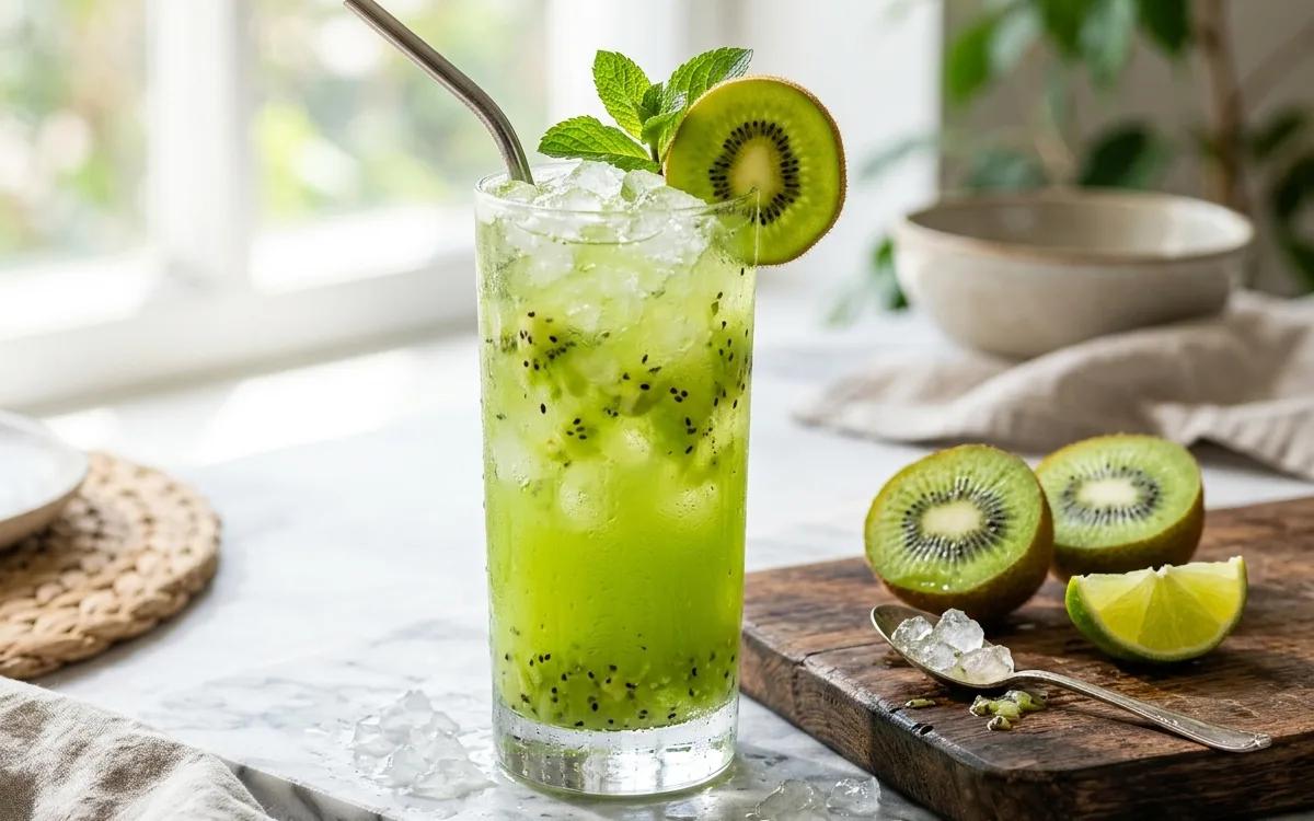 Refreshing green kiwi fruit juice in a clear glass with ice cubes on a white marble surface.