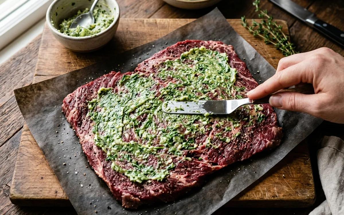 Step 3: Spread the garlic butter across the surface of the meat.