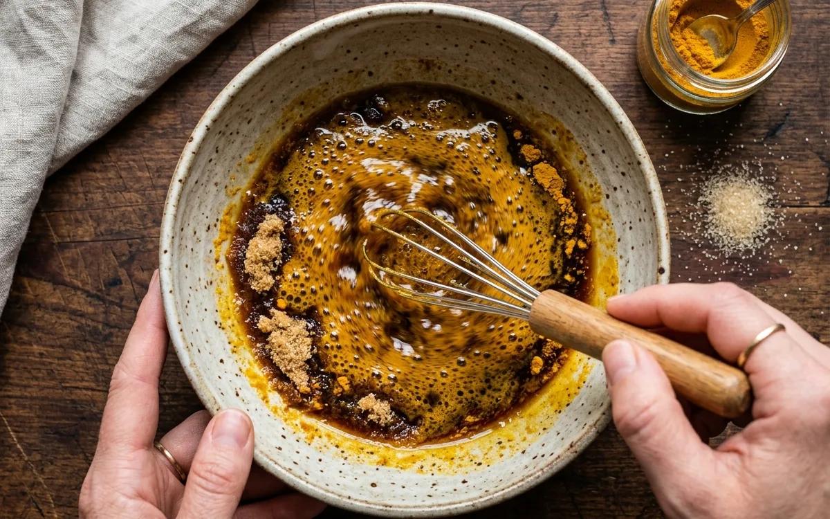 Step 2: Whisk soy sauce, sugar, and turmeric in a bowl.