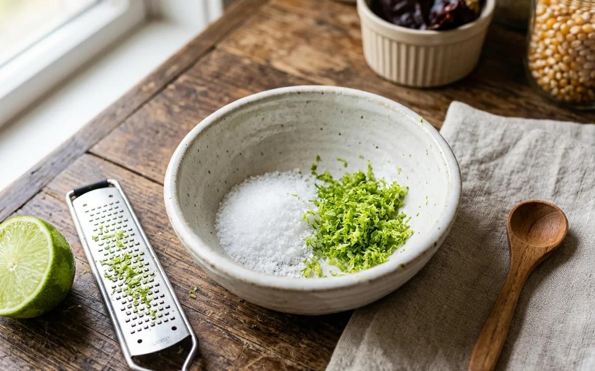 Step 1: Place the fine sea salt and fresh lime zest into a small bow