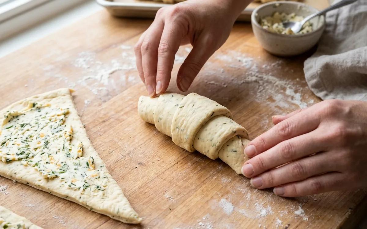 Step 4: Roll the dough up tightly starting from the wide end, ensuri