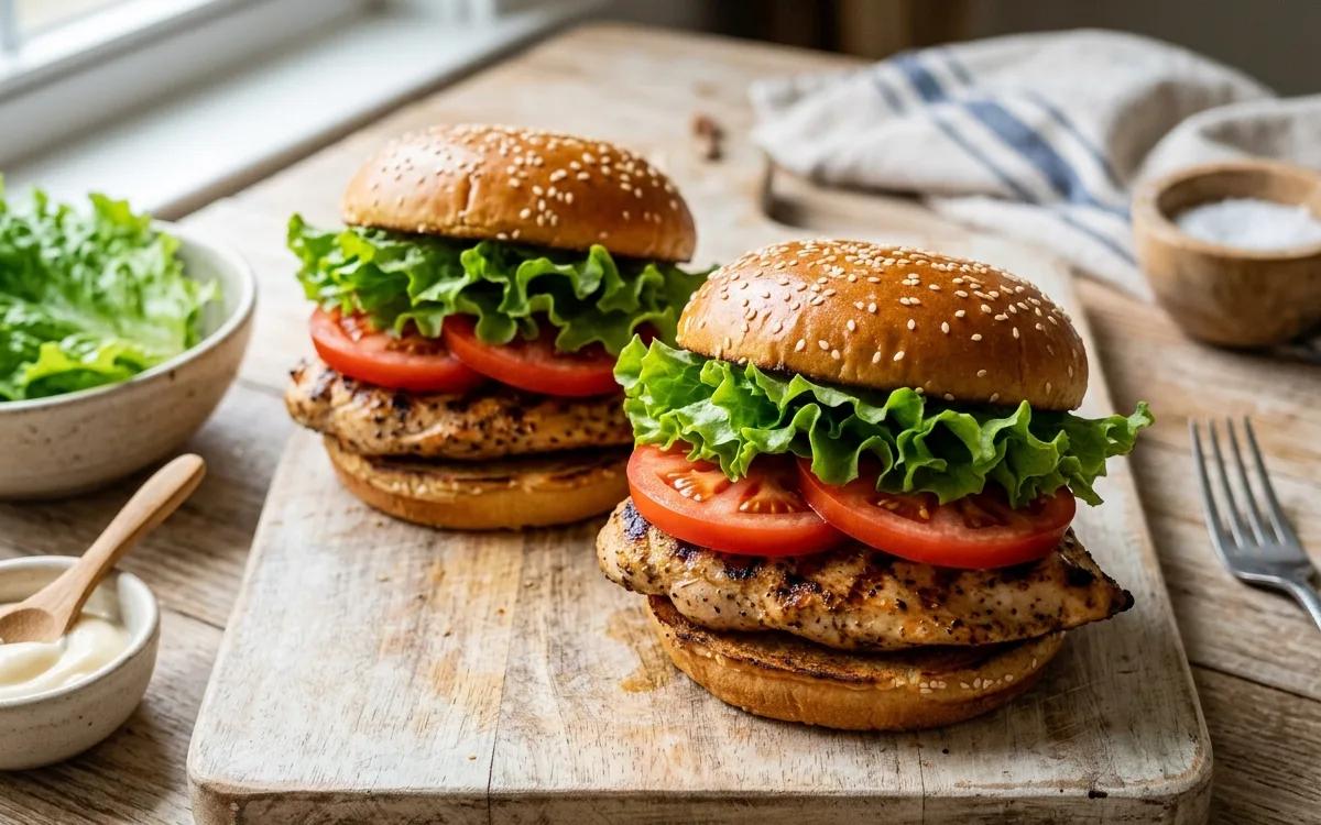 Step 7: Layer the chicken, tomato slices, and lettuce on the buns an