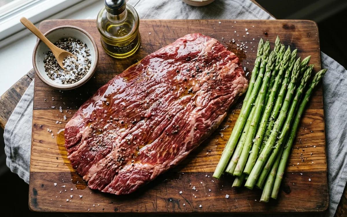 Step 3: Rub the steak and asparagus with olive oil and season both s
