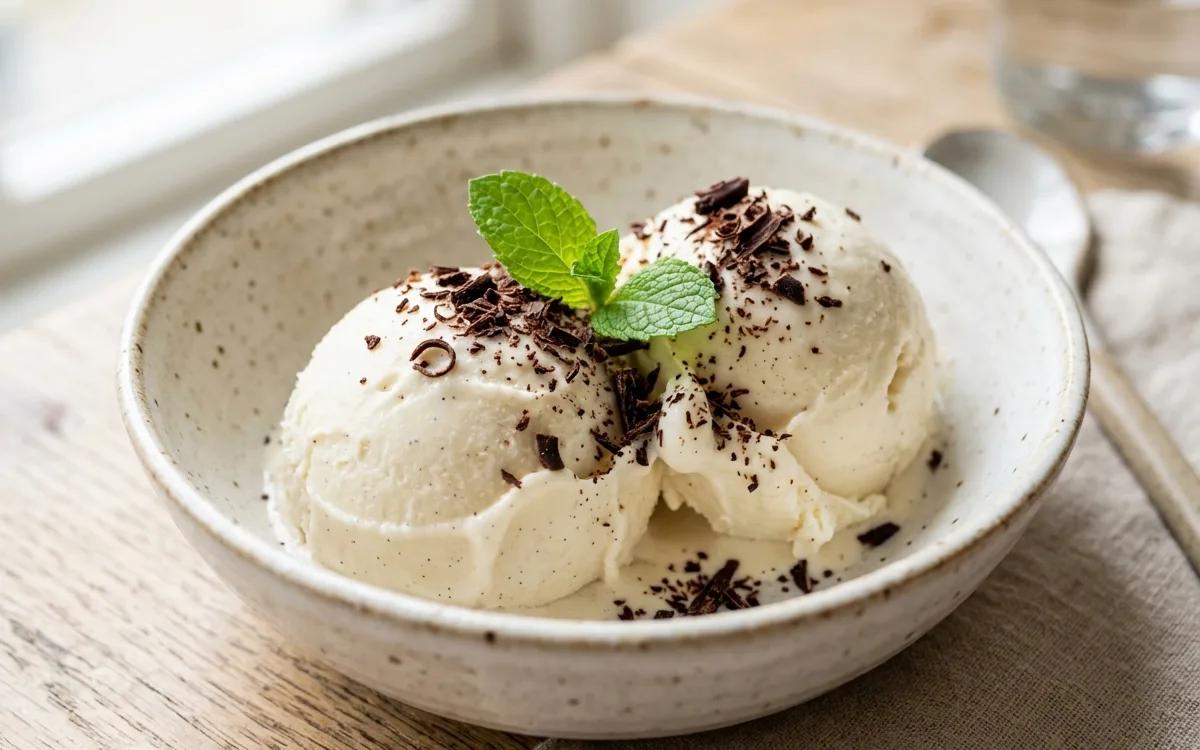 Two scoops of smooth vegan vanilla nice cream in a white bowl with chocolate shavings.