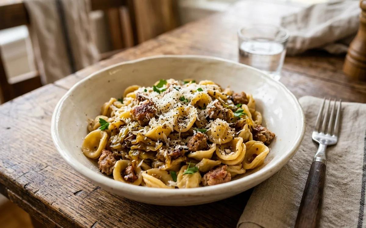 A bowl of orecchiette pasta with browned sausage and sauteed cabbage topped with Pecorino cheese.