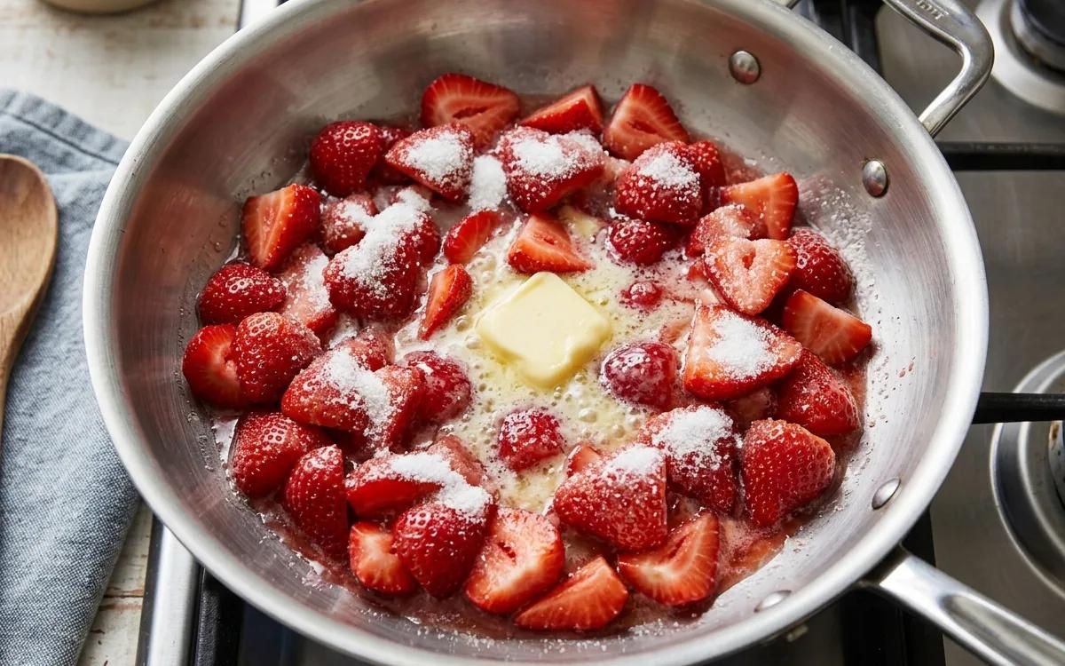 Step 1: Place the strawberries, sugar, and butter in a large stainle