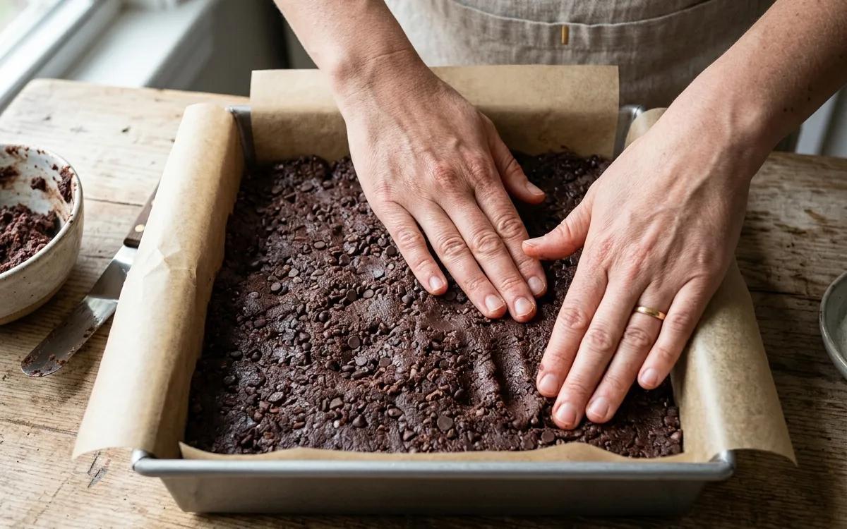 Step 4: Press the dough firmly into the prepared baking pan in an ev