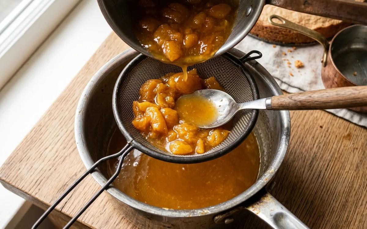 Step 8: Warm the apricot preserves in a small saucepan and strain ou