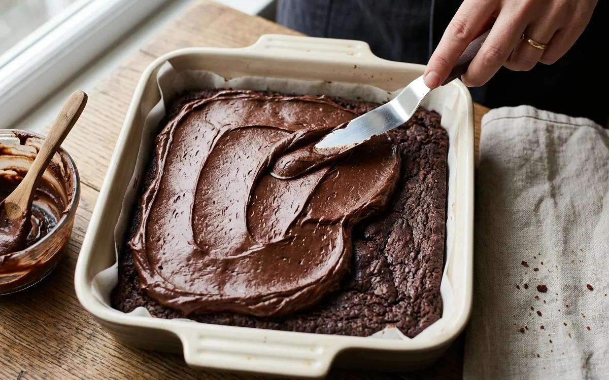 Step 8: Spread the chocolate frosting evenly over the cooled base.