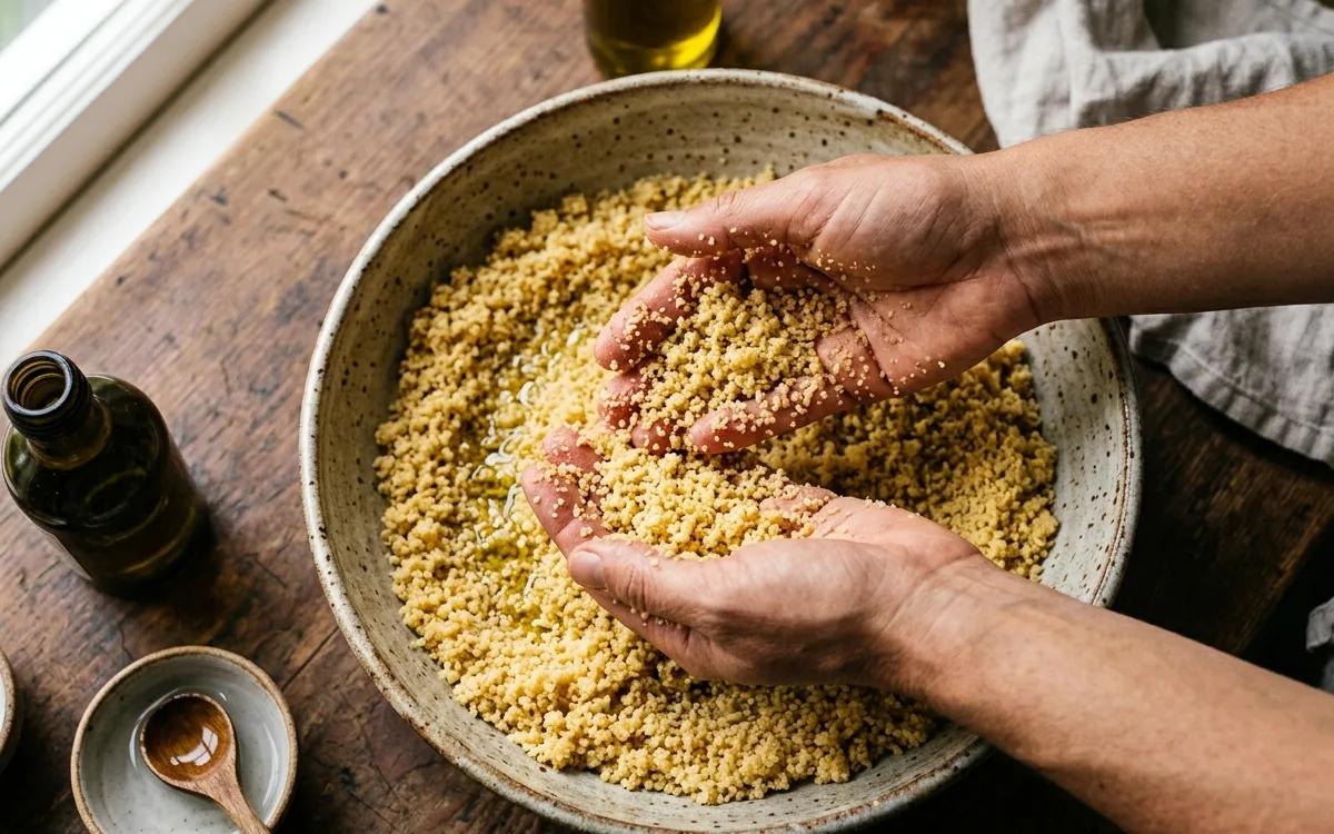 Step 4: Place the couscous in a large bowl, drizzle with a tablespoo