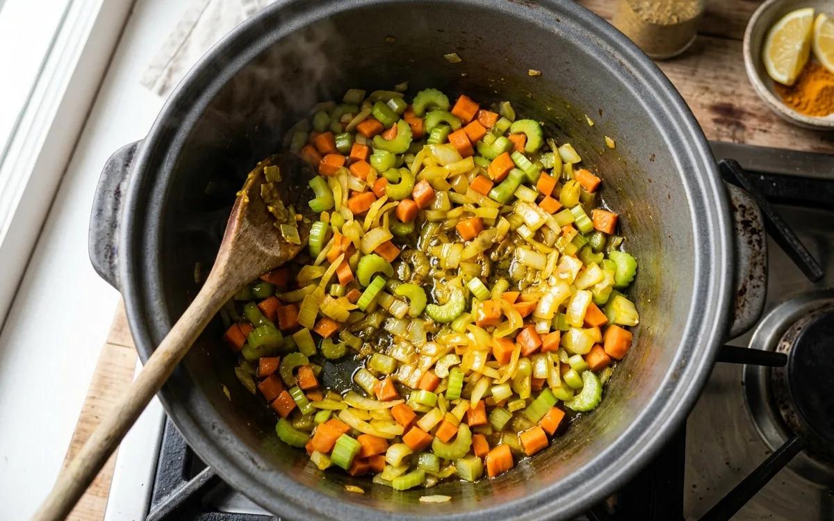Step 2: Add onion, celery, and carrots and cook for 5-7 minutes unti