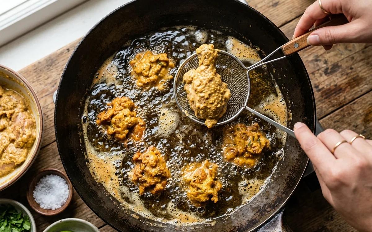 Step 6: Drop chicken pieces into the oil in small batches to avoid c