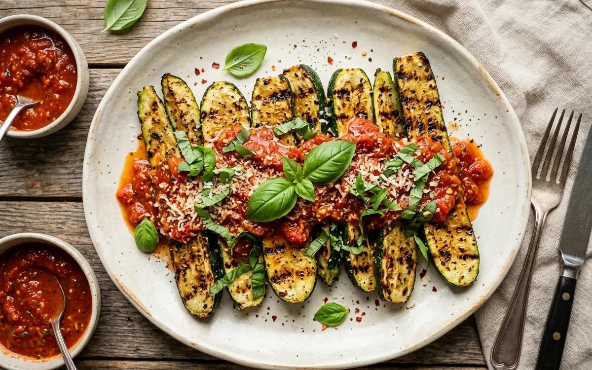 Step 8: Arrange the zucchini on a platter and top with warm marinara