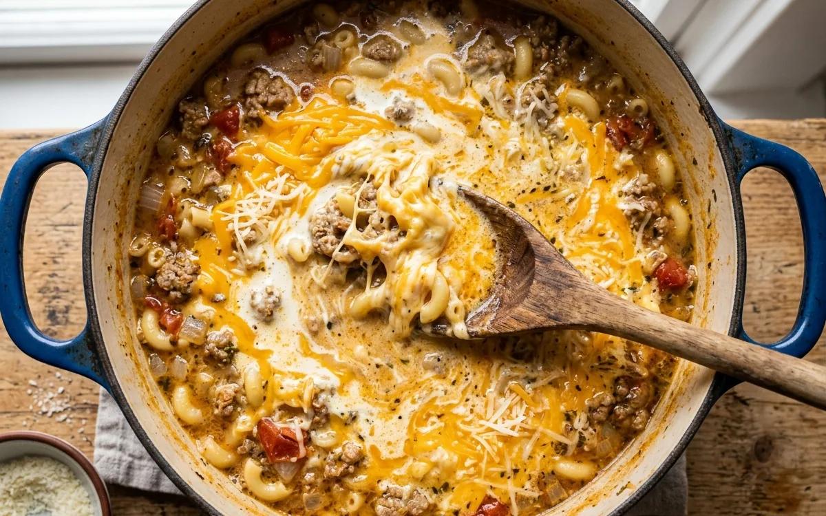 Step 7: Stir in the heavy cream, cheddar, and parmesan until the che