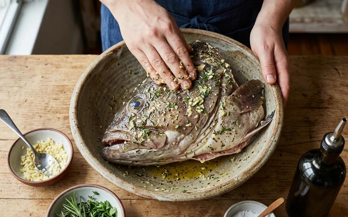 Step 4: Rub the fish thoroughly with olive oil, minced garlic, salt,