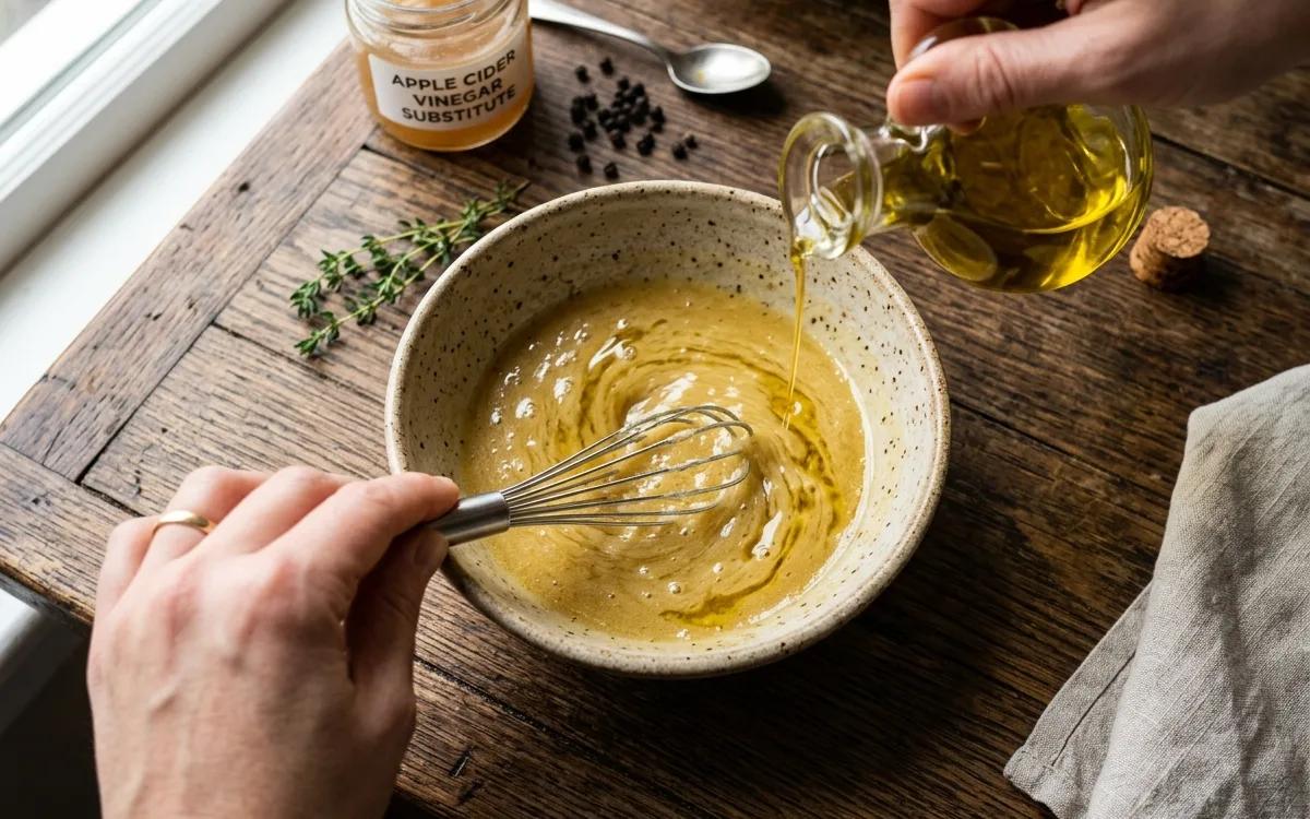 Step 3: Slowly drizzle in the olive oil while whisking constantly to