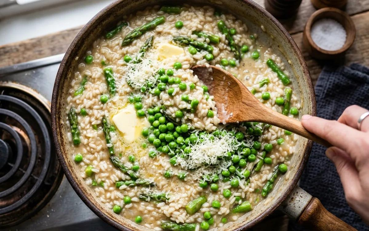 Step 8: Add the peas and the remaining butter and parmesan during th