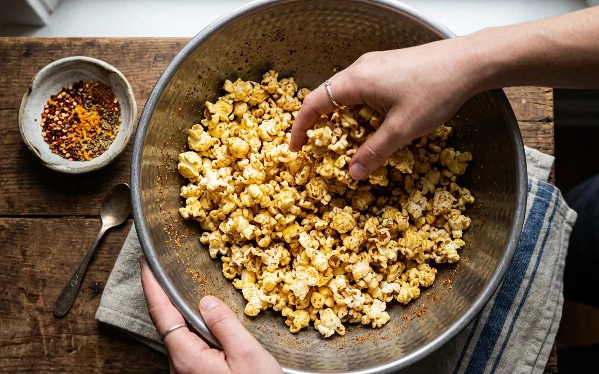 Step 6: Toss the popcorn thoroughly to ensure the spice blend coats 